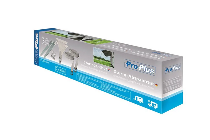 Set of two ProPlus 361729 storm straps attached to a 2x4.8m awning rail